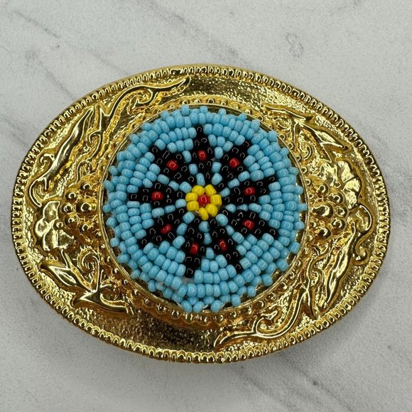 Vintage Other - Vintage Raised Beaded Flower Centerpiece Western Belt Buckle